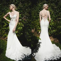 mermaid wedding dresses sheer v neck lace appliques bridal gowns sweep train satin backless wedding dress