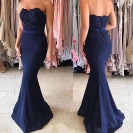 2020 Elegant Prom Dresses Strapless Buttons Back Mermaid Royal Blue Satin Sleeveless Bridesmaid Party Dress Long Evening Gowns Cheap