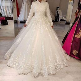 2020 Luxury Vintage Muslim Wedding Dresses lace High Neck Long Sleeves White Appliques ruched Bride Dresses Bridal Gowns robe mariage