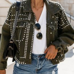 Studded Frayed Hem Denim Jacket Women Coats Black Lapel Single Breasted 2021 Jeans Jackets And FTKH