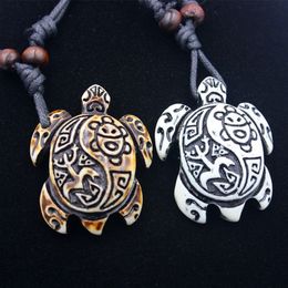 -Collar tribal de la tortuga imitación Yak Bone Blanco Marrón Tallado encantos tortuga collar de los colgantes del amuleto de la vendimia Regalo Bendición joyería afortunada