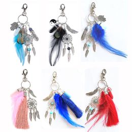 Dreamcatcher Feather Key Chain Rings Natural Crystal Alloy Evil Eye Hamsa Hand of Fatima Charm Keychains Bag Car Keyrings Holder Accessories