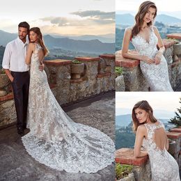 Piękna Mermaid Bohemian Eddy Suknie Ślubne Spaghetti Bez Rękawów Tulle Koronki Aplikacja Hollow Wedding S Gowns Sweep Robe de Mariée