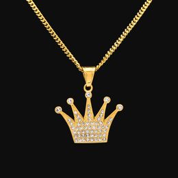 Hip Hop King Crown Pendant Necklace Stainless Steel Iced Out Rhinestone Charm Necklace With 3mm 60cm Cuban Chain Statement Jewellery