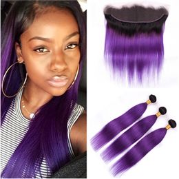 Ombre Purple Straight Peruvian Hair Bundles with Frontal #1B/Purple Ombre Black Roots Human Hair Weaves 3Bundles with Lace Frontal 13x4