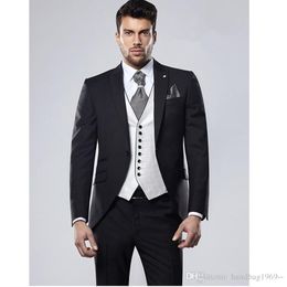 Fashionable One Button Black Groom Tuxedos Peak Lapel Groomsmen Best Man Mens Wedding Suits (Jacket+Pants+Vest+Tie) D:219