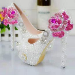 Pearls Flower Wedding Shoes Diamond Pink Rose Pumps High Heels Bridal Shoes 8cm 11cm 14cm Bling Bling Prom Shoes for Lady