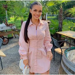Long Sleeve Shirt Dress With Corset Belt Casual Dress Women Vintage Sexy Dress Pink Fashion Party Dresses White 2020 New