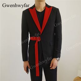 Gwenhwyfar 2020 Custom Made Belt Decorated Red Velvet Peaked Lapel Men's Suit Set Formal Wedding Prom Groom Tuxedo 2 Pieces Suit