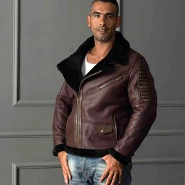 Diagonal zipper 5XL 4XL biggest size AVIREXFLY sheepskin genuine leather jackets lapel neck lamb fur lining air force flight leather jackets