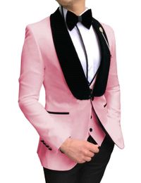 2020 Fashionable One Button Pink Groom Tuxedos Groomsmen Black Velvet Shawl Lapel Mens Wedding Suits Blazers (Jacket+Pants+Vest)