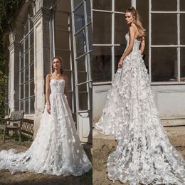 2020 Modest Birenzweig A-Linie Brautkleider, herzförmiger, ärmelloser Spitzenapplikation, handgefertigte Blumen-Hochzeitskleider, Sweep-Zug, Robe de Mari￩e