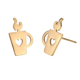 Trendy Geometrical Pattern Coffee Cup Stud Earrings Stainless Steel Love Heart Cup Steel and Gold Colour Earrings