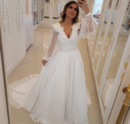 Long Sleeves Wedding Dress A Line Appliques Beaded Boho Country Garden Church Formal Bridal Gown Custom Made Plus Size