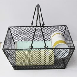 Black Cosmetics Storage Baskets Durable Hollowed Out Design Baskets with Handle Iron Wire Mesh Shopping Basket