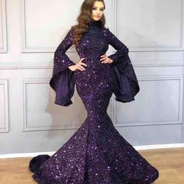 Arabic Bling Bling Sparkly Purple Sequined Mermaid Prom Dresses Bell Sleeves Poet Sweep Train Beaded Formal Evening Gowns Pageant 324Y