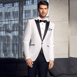 New Classic Style One Button White Wedding Groom Tuxedos Peak Lapel Groomsmen Mens Dinner Blazer Suits (Jacket+Pants+Bow Tie) 457