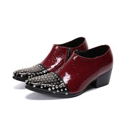 Japanese Type Men's Batzuzhi Shoes Pointed Toe Rivets Wine Red Genuine Leather Ankle Boots Men 6.5cm High Heels Botas Ho 2332