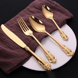 Retro Gold Plated Dinnerware Set 4pcs/set Stainless Steel Fork Knife Spoon Cameo Engraving Tableware Sets OOA7998N