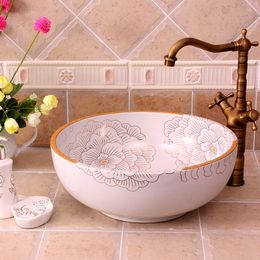 China Painting white peony Ceramic Painting Art Lavabo Bathroom porcelain wash basin