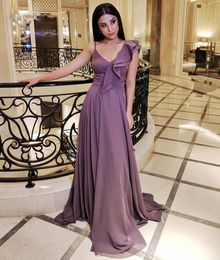 A-line V-neck Spaghetti Straps Evening Dresses Long Purple Chiffon Formal Women Dress Simple Party Gowns vestidos formales para