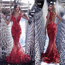 Sky Kırmızı Abiye Giyim V Yaka Kolsuz Denizkızı balo elbiseleri 2020 Illusion Geri Vintage Aplike Durum Önlükler