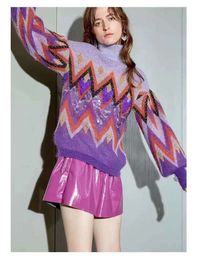 NEw women's turtleneck purple color long sleeve mohair wool knitted geometric print paillette beading luxury sweater jumper tops