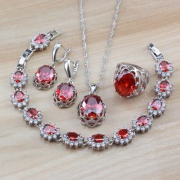 925 Silver Bridal 4PCS Jewellery Sets For Women Costume Red Garnet Zircon Dangle Earrings/Necklace/Bracelet And Ring Sets