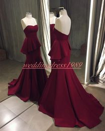 Simple Sweetheart Peplum Memaid Satin Evening Dresses Pageant 2k19 Burgundy Plus Size Arabic Party Prom Gown Robe De Soiree Formal Guest