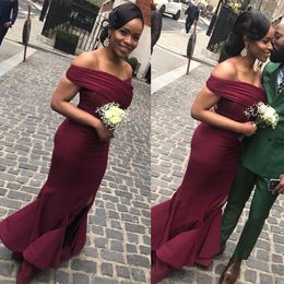 2019 Cheap Burgundy Bridesmaid Dresses Elegant Off the Shoulder Ruched Pleats Mermaid Ruffles Floor Length Maid of Honour Gown Wedding Guest