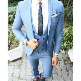 Slim Fits One Button Light Blue Groom Tuxedos Notch Lapel Man Work Suit Mens Prom Dress Wedding Clothes (Jacket+Pants+Vest+Tie) D:198