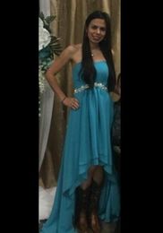 Fanciest Sweetheart Women' Strapless High Low Country Style Bridesmaid Dresses Wedding Party Gowns Turquoise With Crystal Bea202q