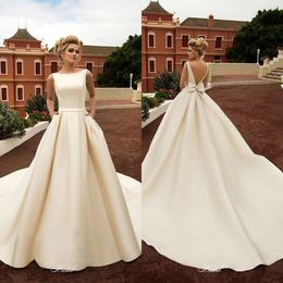 Elegant 2020 New Satin Beach Wedding Dresses With Pockets Backless Bow Boho Beach A Line Backless Wedding Dress Bridal Gowns 4616