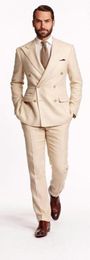 New Excellent Style Groom Tuxedos Double Breasted Beige Peak Lapel Groomsmen Best Man Suit Mens Wedding Suits (Jacket+Pants+Tie) 765