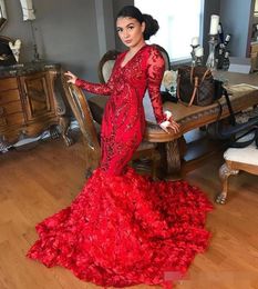 Sequins Prom Red Modest Dresses Long Sleeves V Neck Flowers Sweep Train Mermaid Plus Size Evening Party Pageant Ball Gown Vestido Estido