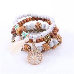 New Tree Life Charm Bracelet Wooden Bead Chain Bracelets for Women Men Handmade Fashion Rose Flower Alloy Strands Man Bohemian Jewellery Gifts