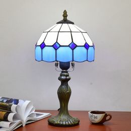 Simple blue lattice E27 table lamp hotel room study small desk lamp 40W Tiffany stained glass table lights TF054