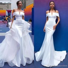 White Satin Elegant Mermaid Dresses Off The Shoulder Ruched Lace Ruffles Arabic Wedding Bridal Gowns With Overs Skirt Robe De Mariee