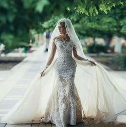 2024 New Sexy Mermaid Wedding Dresses Scoop Neck Lace Appliques Long Sleeves Open Back Illusion Plus Size With Overskirts Bridal Gowns 403