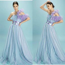 2020 A-line Evening Dresses One-shoulder Sleeveless Beaded Tulle Tassel Prom Dress Ribbons Sash Custom Made Sweep Train Party Dress