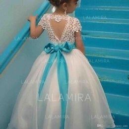 Lace Flower Girl Dresses Cap Sleeves Satin Ribbon Organza Floor Length Ball Gown Children Birthday Party Dresses
