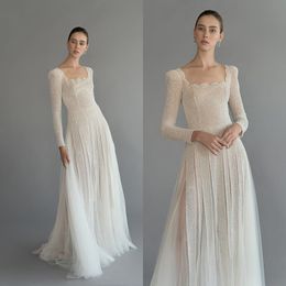 Modest A Line Chana Marelus Wedding Dresses Square Long Sleeve Tulle Beads Wedding Gowns Floor Length robe de mariée