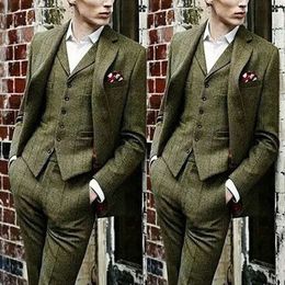 Handsome Men's Cheque Tweed 3 Piece Suits Slim Fit Formal Groom Wear Businessman Tuxedos Custom Made Blazer Jacket(Jacket+Vest+Pants)