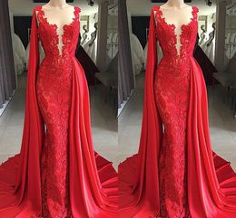 Long Red New Arrival Lace Mermaid Prom Dresses Watteau Train Sheer Neck Formal Dress Evening Gowns vestidos de fiesta robes de bal