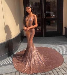 Spaghetti Straps Rose Gold Sequins Prom Dresses Mermaid Saudi Arabic Long Formal Evening Gown