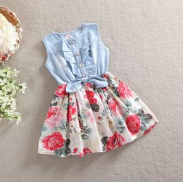 Kids Designer Clothes Girls Denim Floral Dress Rose Flower Princess Dresses Sleeveless Children Outfits Summer Kids Clothing DHW3771