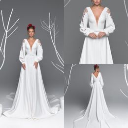2020 Modest Eva Lendel Long Sleeve A Line Wedding Dresses V Neck Lace Sweep Train Wedding Gowns Stain robe de mariée
