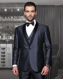 Brand New Navy Blue Groom Tuxedos Black Lapel Groomsman Wedding 3 Piece Suit Excellent Men Business Jacket Blazer(Jacket+Pants+Tie+Vest)2659