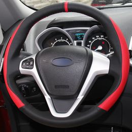 DIY Hand sewing Black Red Genuine Leather Red Marker Car Steering Wheel Cover for Ford Fiesta 2008-2013 Ecosport 2013-2016