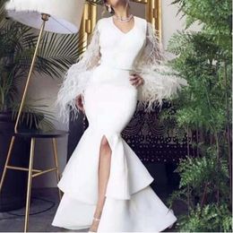 White Mermaid Wedding Dress Feather Long Sleeves Side Slit Bride Dresses V Neck Ruffles Sweep Train Wedding Party Gowns